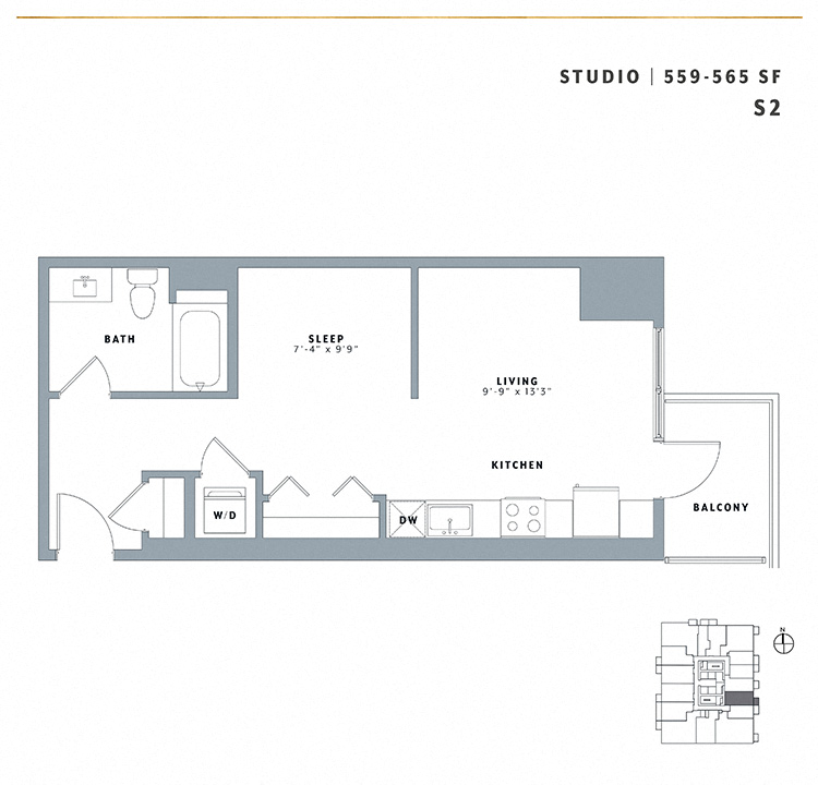 Floor plan for studio, 1 bath, 589 sqft